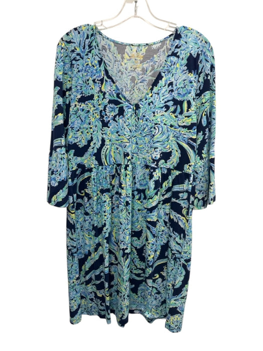 Lilly Pulitzer Size Medium Blue, Green, Yellow Cotton Long Sleeve seaweed Dress Blue, Green, Yellow / Medium