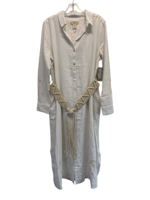 Calypso St. Barth Size Large White & Beige Linen Blend Long Sleeve eyelet Dress White & Beige / Large