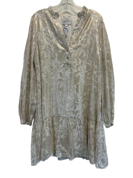 Lilly Pulitzer Size 12 Gold & White Silk Blend Long Sleeve Floral Tiered Dress Gold & White / 12