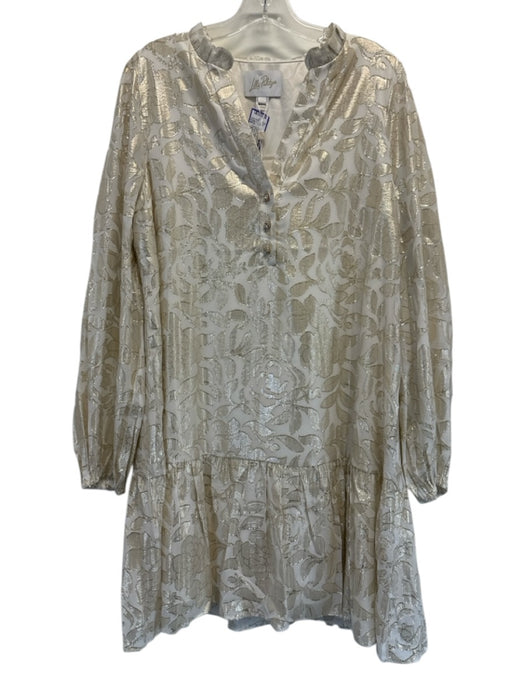 Lilly Pulitzer Size 12 Gold & White Silk Blend Long Sleeve Floral Tiered Dress Gold & White / 12