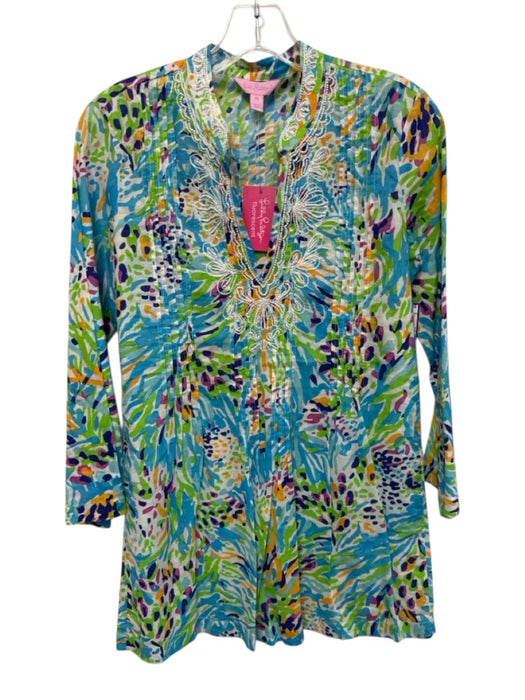 Lilly Pulitzer Size XS Blue, Green, Orange Cotton Long Sleeve Embellished Top Blue, Green, Orange / XS