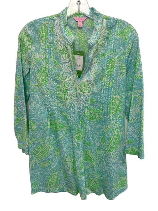 Lilly Pulitzer Size XS Blue, Green, White Cotton Long Sleeve Abstract Floral Top Blue, Green, White / XS
