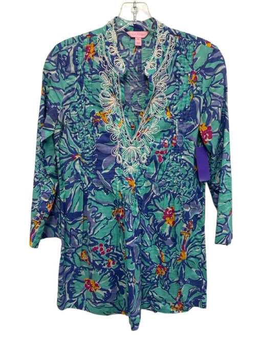 Lilly Pulitzer Size XS Blue, Green, Pink Cotton Long Sleeve Abstract Floral Top Blue, Green, Pink / XS