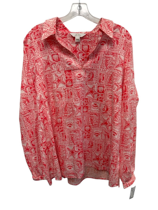 Lilly Pulitzer Size XL Red & White Cotton Blend Long Sleeve V Neck Collar Top Red & White / XL