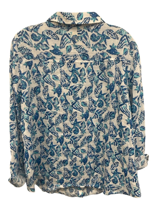 Lilly Pulitzer Size XL Blue & White Linen Long Sleeve Seashell Print Collar Top Blue & White / XL