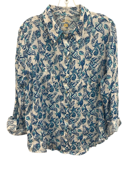 Lilly Pulitzer Size XL Blue & White Linen Long Sleeve Seashell Print Collar Top Blue & White / XL