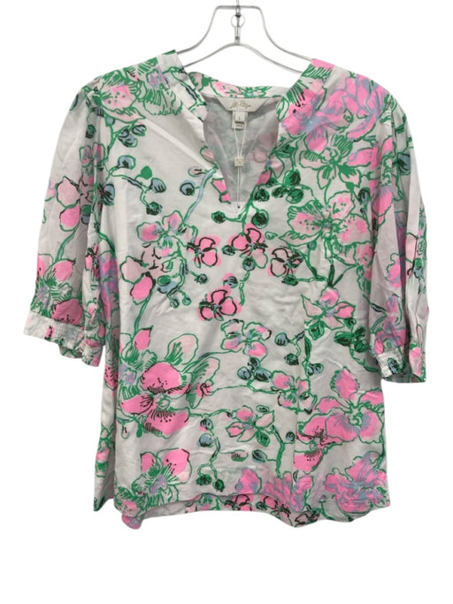 Lilly Pulitzer Size Large Pink, Green, Blue Cotton Blend Short Puff Sleeve Top Pink, Green, Blue / Large