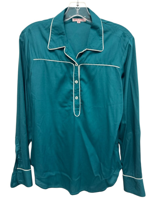 Kayce Hughes Size 4 Teal Green Viscose Long Sleeve Piping Quarter Button Top Teal Green / 4