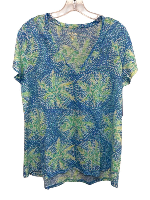 Lilly Pulitzer Size Large Blue, Green, Yellow Cotton Short Sleeve Floral Top Blue, Green, Yellow / Large