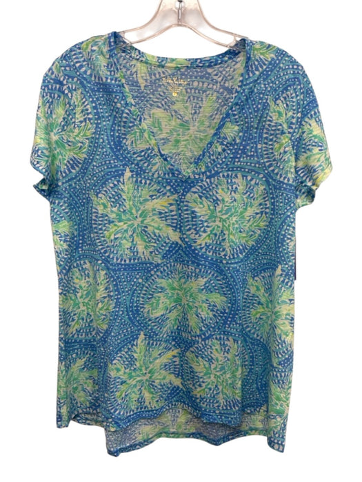 Lilly Pulitzer Size Large Blue, Green, Yellow Cotton Short Sleeve Floral Top Blue, Green, Yellow / Large