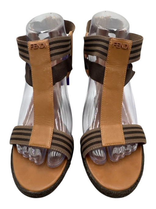 Fendi Shoe Size 38.5 Tan & brown Leather Upper open toe Striped Wedge Espadrille Tan & brown / 38.5