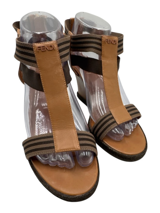 Fendi Shoe Size 38.5 Tan & brown Leather Upper open toe Striped Wedge Espadrille Tan & brown / 38.5