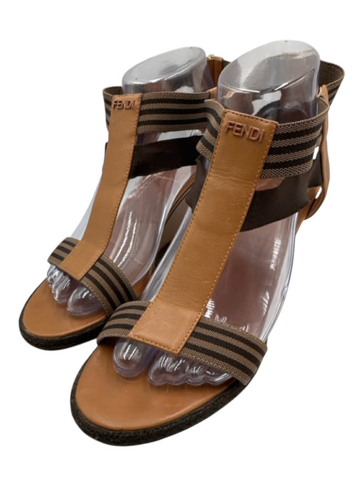 Fendi Shoe Size 38.5 Tan & brown Leather Upper open toe Striped Wedge Espadrille Tan & brown / 38.5