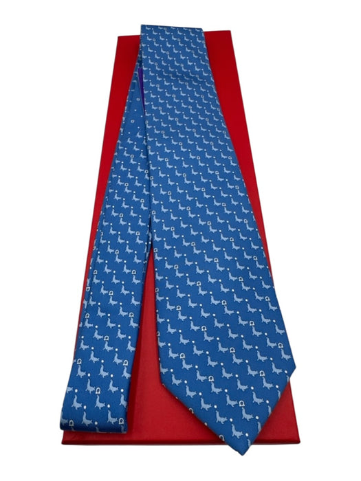 Ferragamo Blue & White Silk All Over Print Men's Tie Blue & White