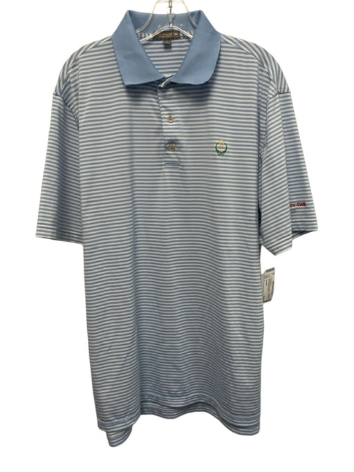 Peter Millar Size L Light Blue & White Synthetic Striped Polo Men's Short Sleeve Light Blue & White / L