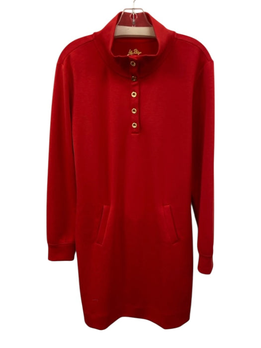 Lilly Pulitzer Size M Red Poly Blend 1/4 Button Long Sleeve Dress Red / M