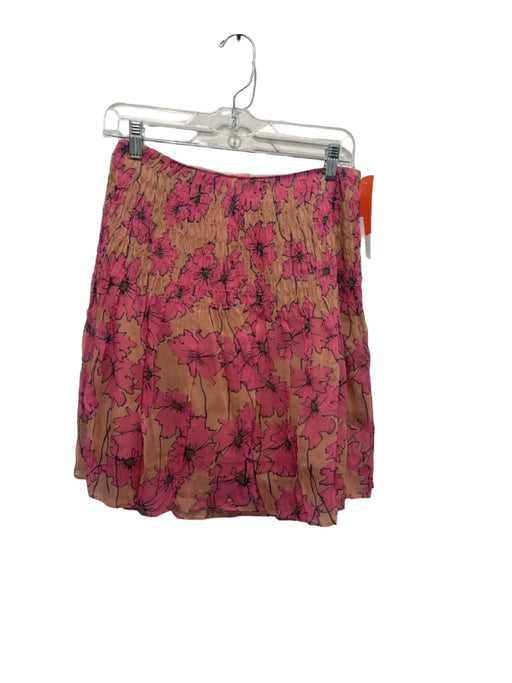 Joie Size Small Pink & Brown Silk Floral Smocked Upper Knee Length Skirt Pink & Brown / Small