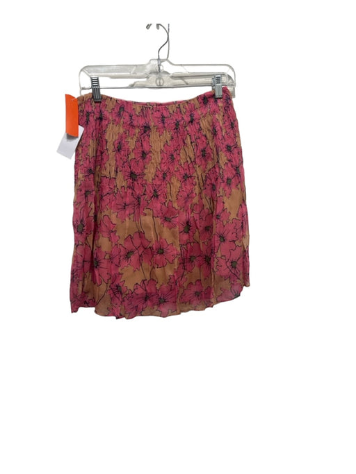 Joie Size Small Pink & Brown Silk Floral Smocked Upper Knee Length Skirt Pink & Brown / Small