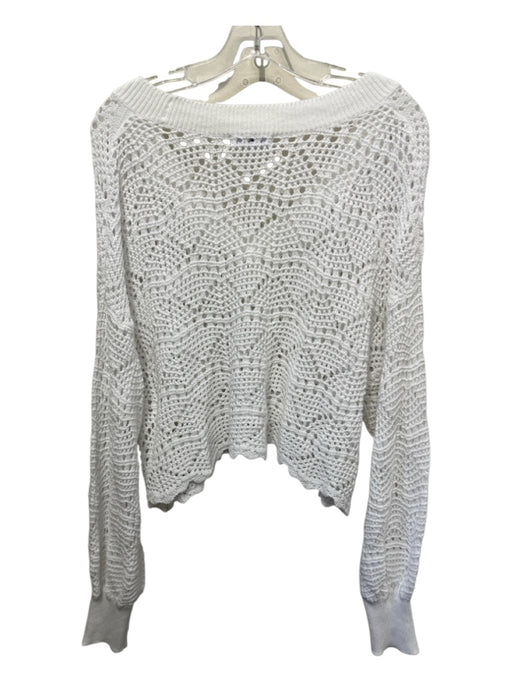 525 Size Medium White Cotton Open Knit Ribbed Neck V Neck Crop Sweater White / Medium