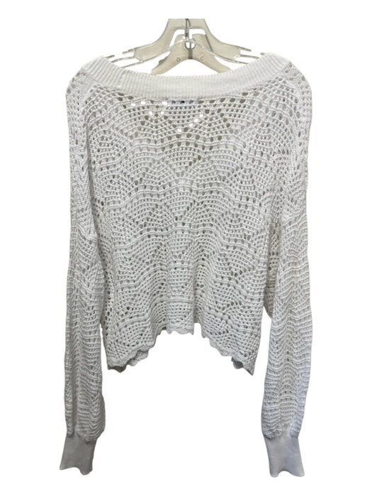 525 Size Medium White Cotton Open Knit Ribbed Neck V Neck Crop Sweater White / Medium