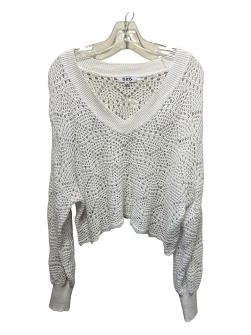 525 Size Medium White Cotton Open Knit Ribbed Neck V Neck Crop Sweater White / Medium