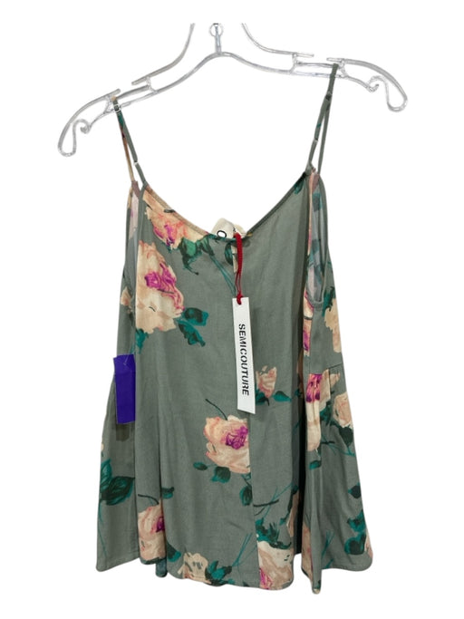 SemiCouture Size 42 Green, Pink & Cream Viscose Spaghetti Strap Floral Tank Top Green, Pink & Cream / 42