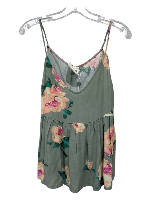 SemiCouture Size 42 Green, Pink & Cream Viscose Spaghetti Strap Floral Tank Top Green, Pink & Cream / 42