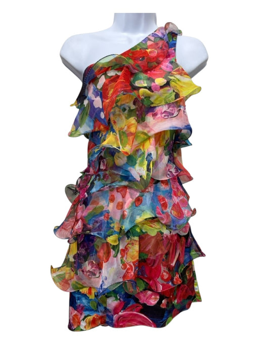 Marchesa Notte Size 8 Red, Blue & Mulit Polyester One Shoulder Floral Dress Red, Blue & Mulit / 8