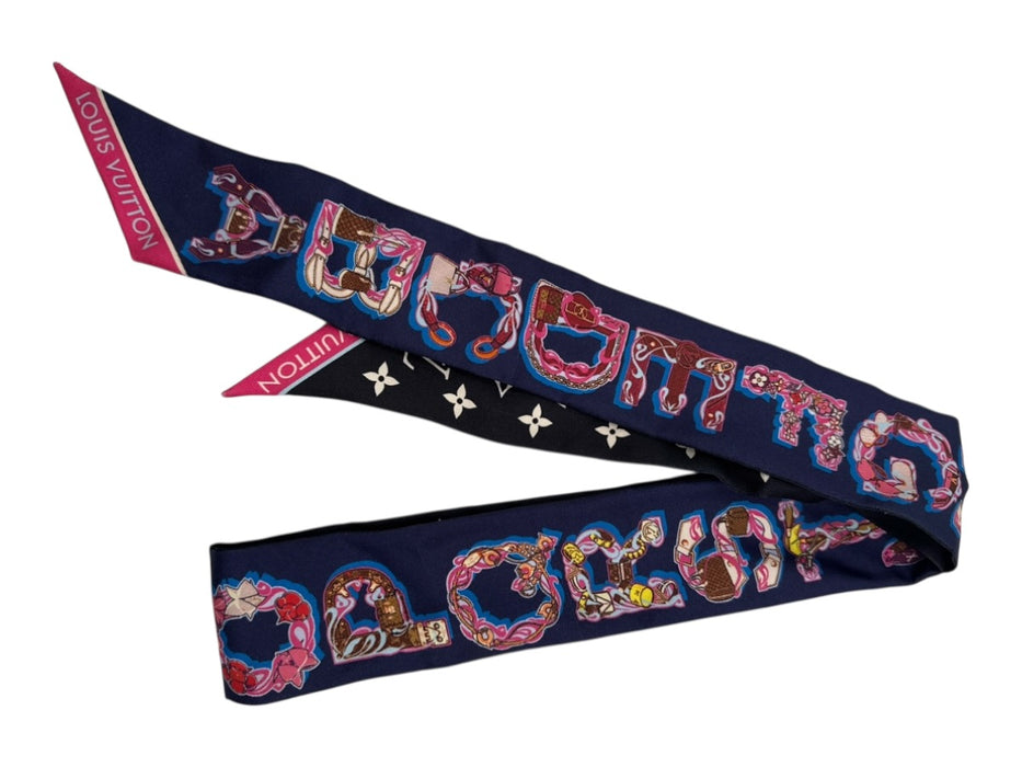 Louis Vuitton Navy Blue, Pink & Multi Silk Bandeau Alphabet Monogram scarf Navy Blue, Pink & Multi