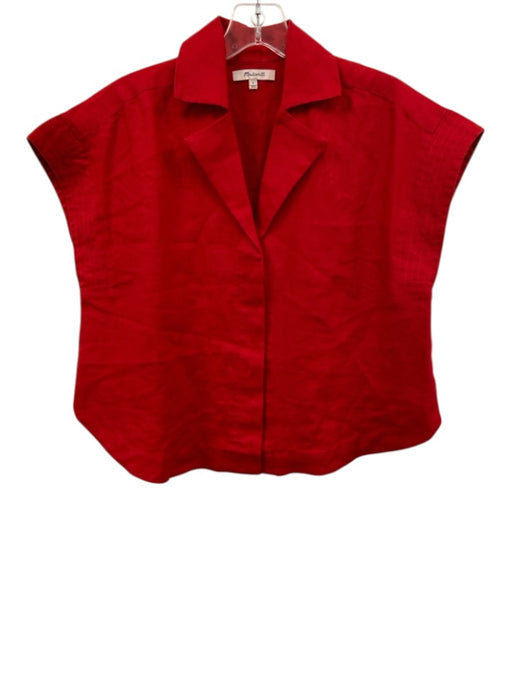 Madewell Size S Red Linen Lapel Button Down Curved Hem short sleeve Top Red / S