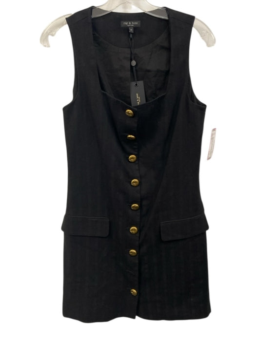 Rag & Bone Size 4 Black Cotton & Linen Brass Hardware Button Down Dress Black / 4