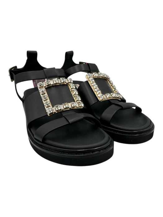 Roger Vivier Shoe Size 40 Black, Gold, Clear Leather Upper Crystal Sandals Black, Gold, Clear / 40