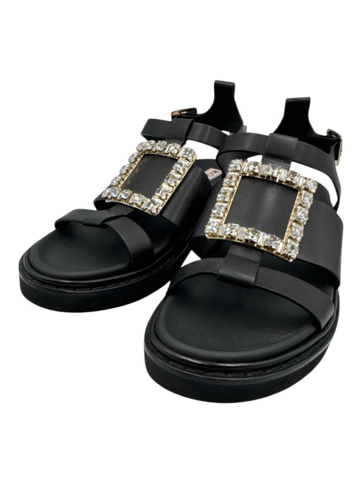 Roger Vivier Shoe Size 40 Black, Gold, Clear Leather Upper Crystal Sandals Black, Gold, Clear / 40