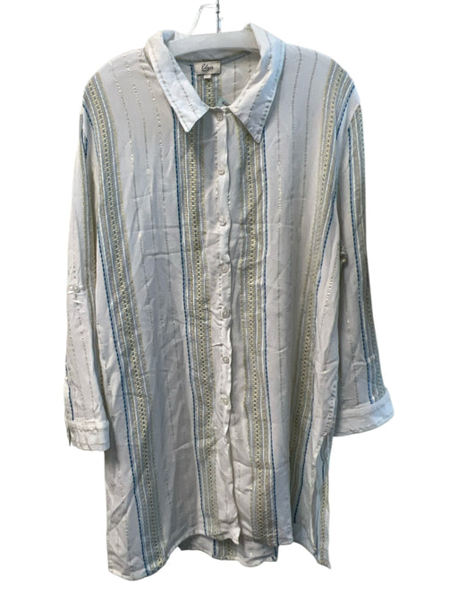 Elan Size L White & Multi Viscose Collared Button Up Striped Long Sleeve Tunic White & Multi / L