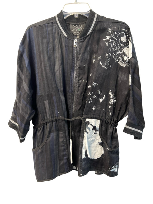 NY 77 Size 1 Black Cotton stand collar Front Zip 1/2 sleeve Abstract Jacket Black / 1