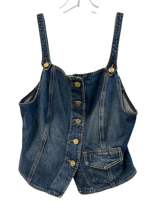 Ganni Size 40 Dark Wash Cotton Denim Gold Hardware Pockets Button Down Top Dark Wash / 40