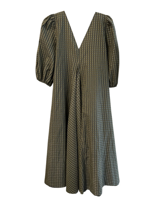 Ganni Size 42 Green Polyester Blend V Neck & Back 1/2 Puff Sleeve gingham Dress Green / 42