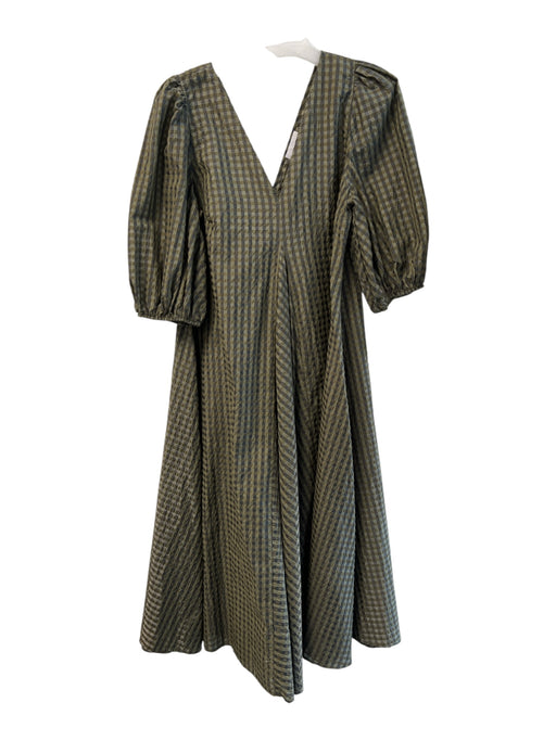 Ganni Size 42 Green Polyester Blend V Neck & Back 1/2 Puff Sleeve gingham Dress Green / 42