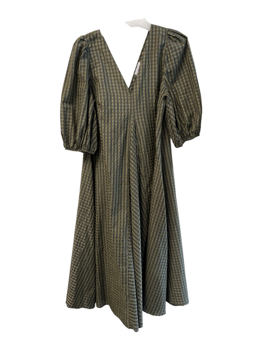 Ganni Size 42 Green Polyester Blend V Neck & Back 1/2 Puff Sleeve gingham Dress Green / 42