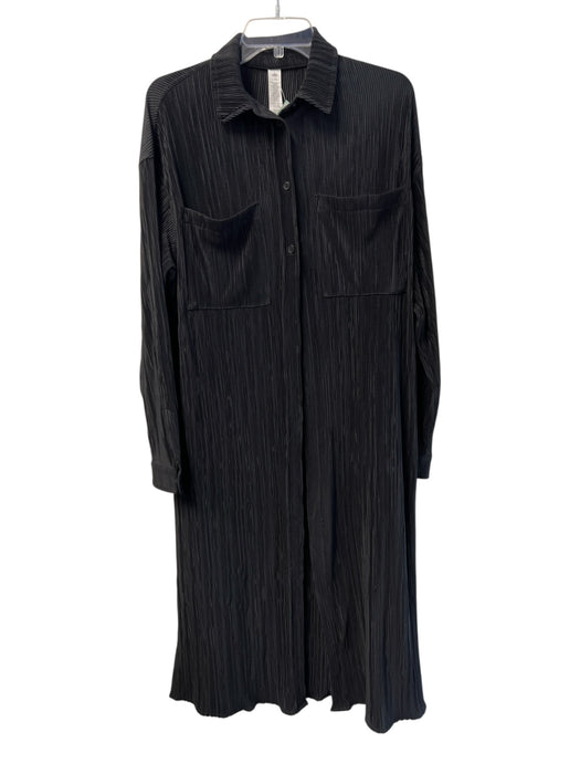 Alo Size S Black Polyester Collared 1/4 Button micro pleated Long Sleeve Dress Black / S