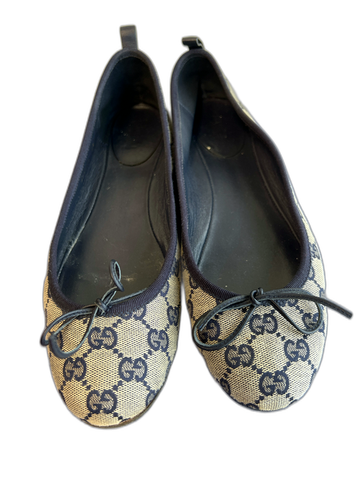 Gucci Shoe Size 39 Brown Leather & Canvas Almond Toe Logo Bow Detail Shoes Brown / 39