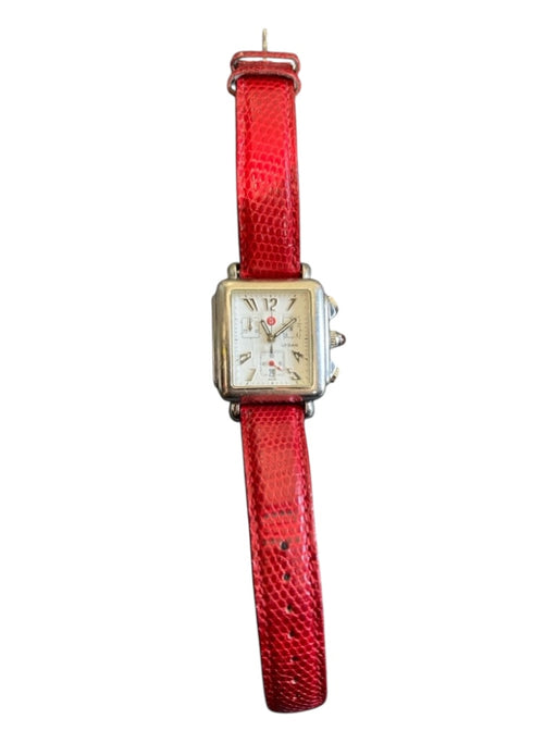 Michelle Red Leather Square face Lizard silver hardware Jewelry Red