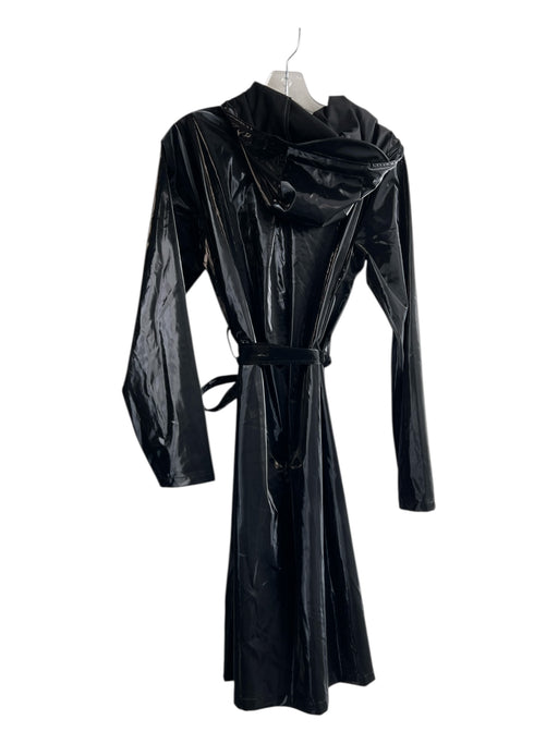 Rains Size XS Black Polyester Patent Drawstring Hood Snap Button Front Jacket Black / XS
