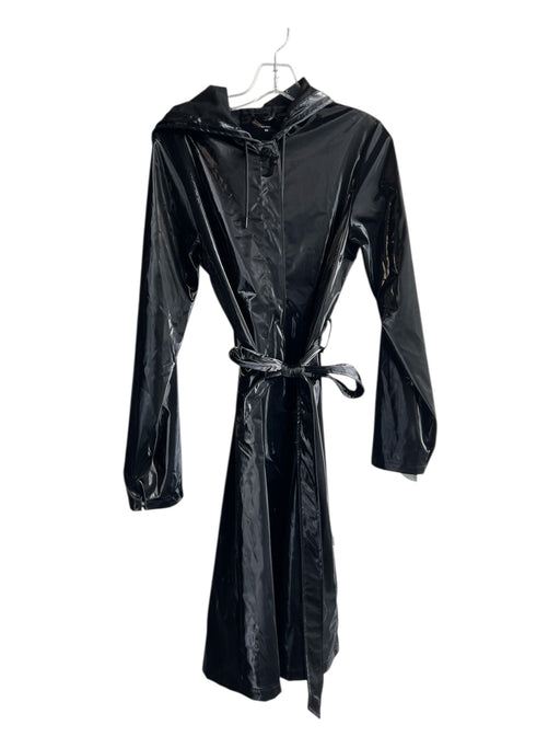 Rains Size XS Black Polyester Patent Drawstring Hood Snap Button Front Jacket Black / XS
