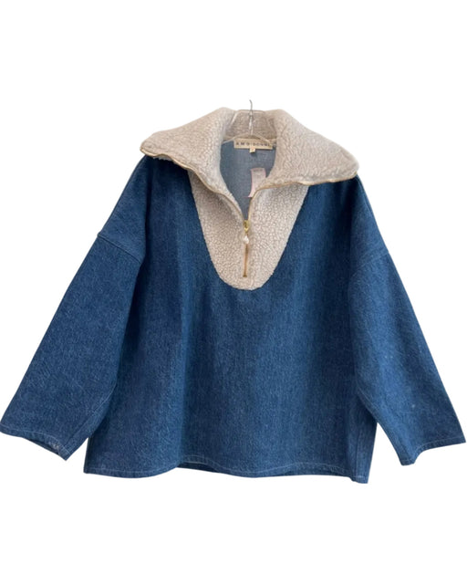 Amo X Donni. Size S Blue & White Cotton Blend Sherpa Quarter Zip Denim Jacket Blue & White / S