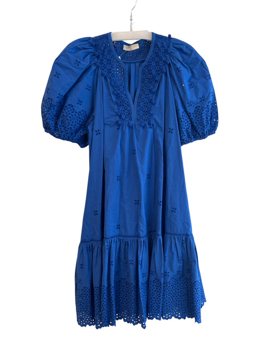 Ulla Johnson Size 2 Blue Cotton Lace Detail V Neck Short Puff Sleeve Dress Blue / 2