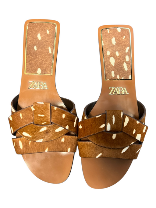 Zara Shoe Size 39 Brown & White Calf hair Animal Print Flat Slide Sandal Shoes Brown & White / 39