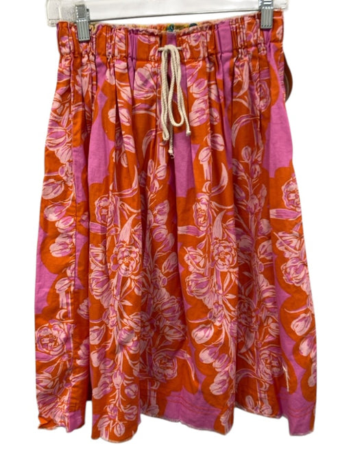 Lema Size Est S Pink & Orange Drawstring Waist Floral Pleated Knee length Skirt Pink & Orange / Est S