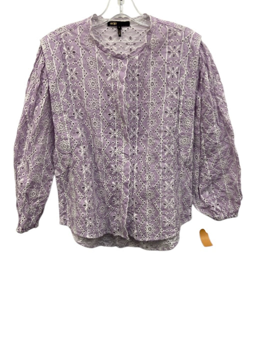 Maje Size 0 Purple & White Cotton Long Sleeve Eyelet Striped Button up Top Purple & White / 0