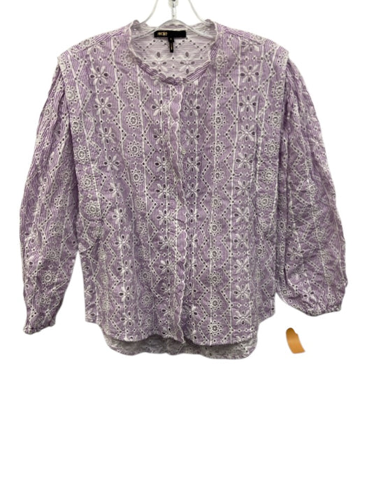 Maje Size 0 Purple & White Cotton Long Sleeve Eyelet Striped Button up Top Purple & White / 0